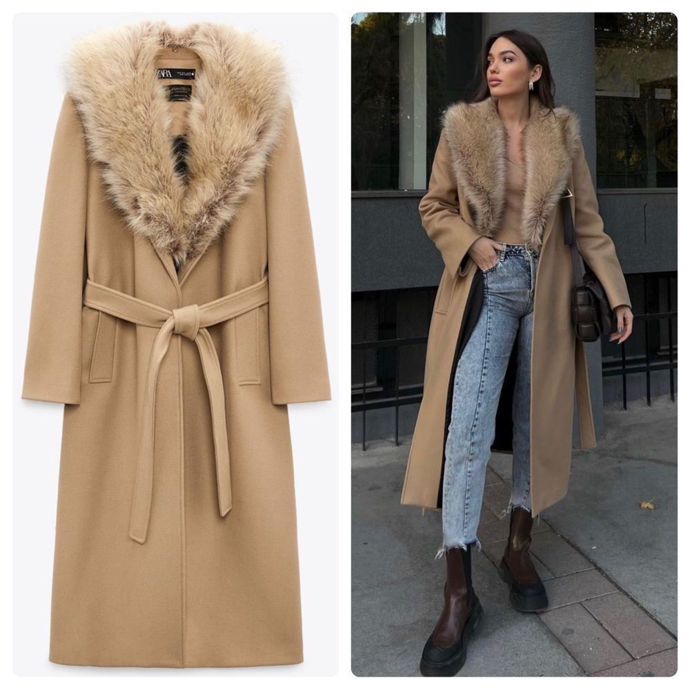 Zara Premium Belted Fur 75% Wool Coat Light Tan New